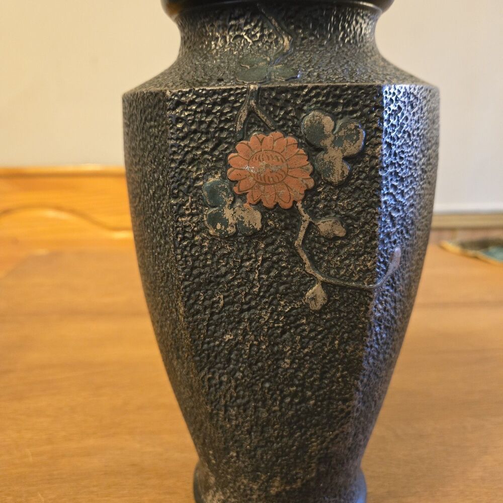 Antique Vtg Japanese Tokanabe Black Vase Hand Painted Floral Bird 1920, 10" Tall - Picture 4 of 8